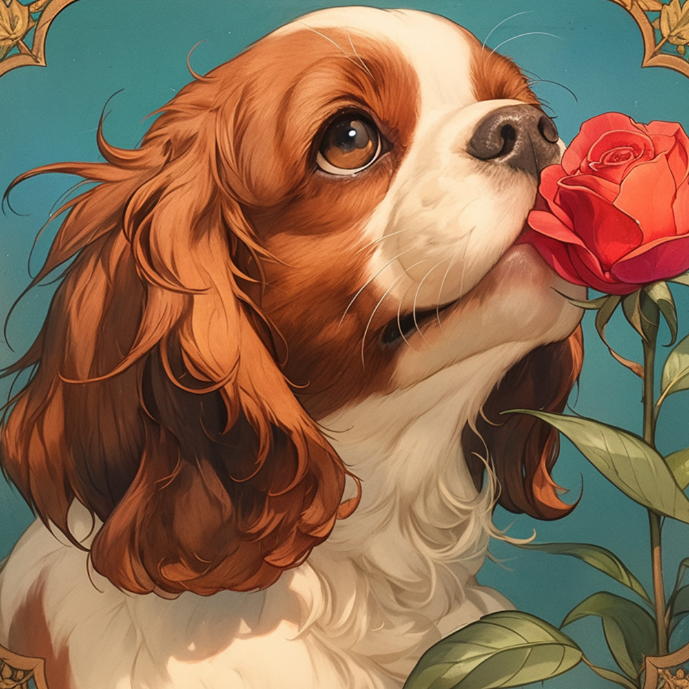 Romantic cavalier king charles with red rose cross stitch kit for beginners