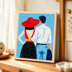 Romantic couple back view punch needle artwork displayed on a table