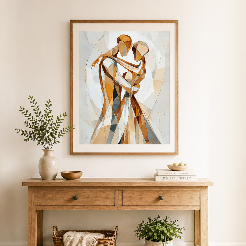 Finished romantic dance pose cross stitch artwork displayed as home decor