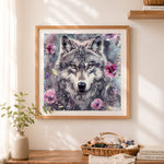 Finished romantic gray wolf surrounded by blooms cross stitch artwork displayed as home decor