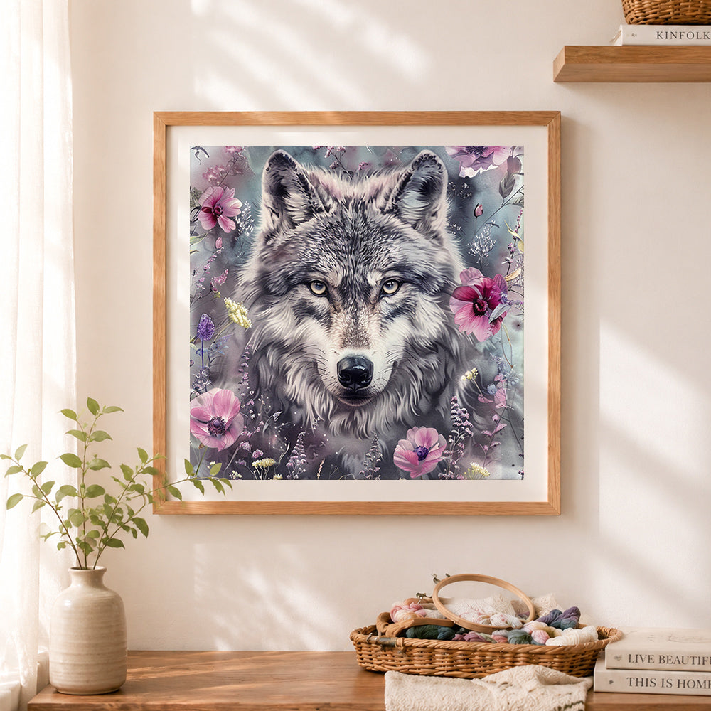 Finished romantic gray wolf surrounded by blooms cross stitch artwork displayed as home decor