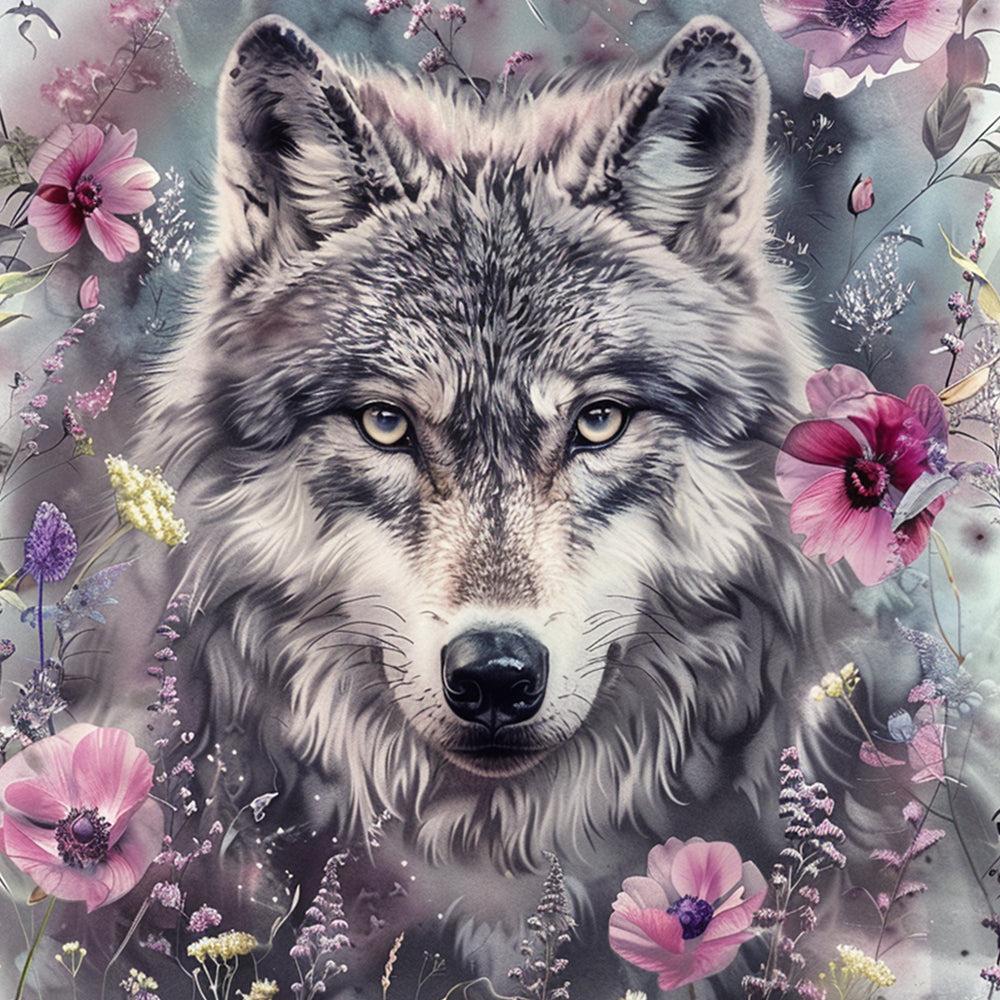Romantic gray wolf surrounded by blooms cross stitch kit for beginners