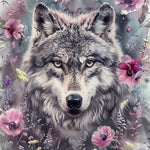 Romantic gray wolf surrounded by blooms cross stitch kit for beginners