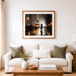 Finished romantic night at paris tower cross stitch artwork displayed as home decor