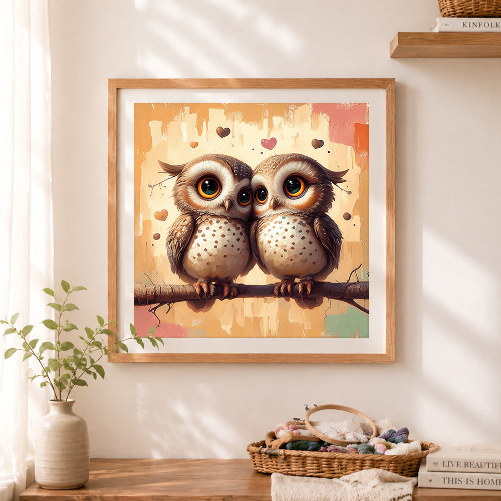 Finished romantic owl couple on branch cross stitch artwork displayed as home decor
