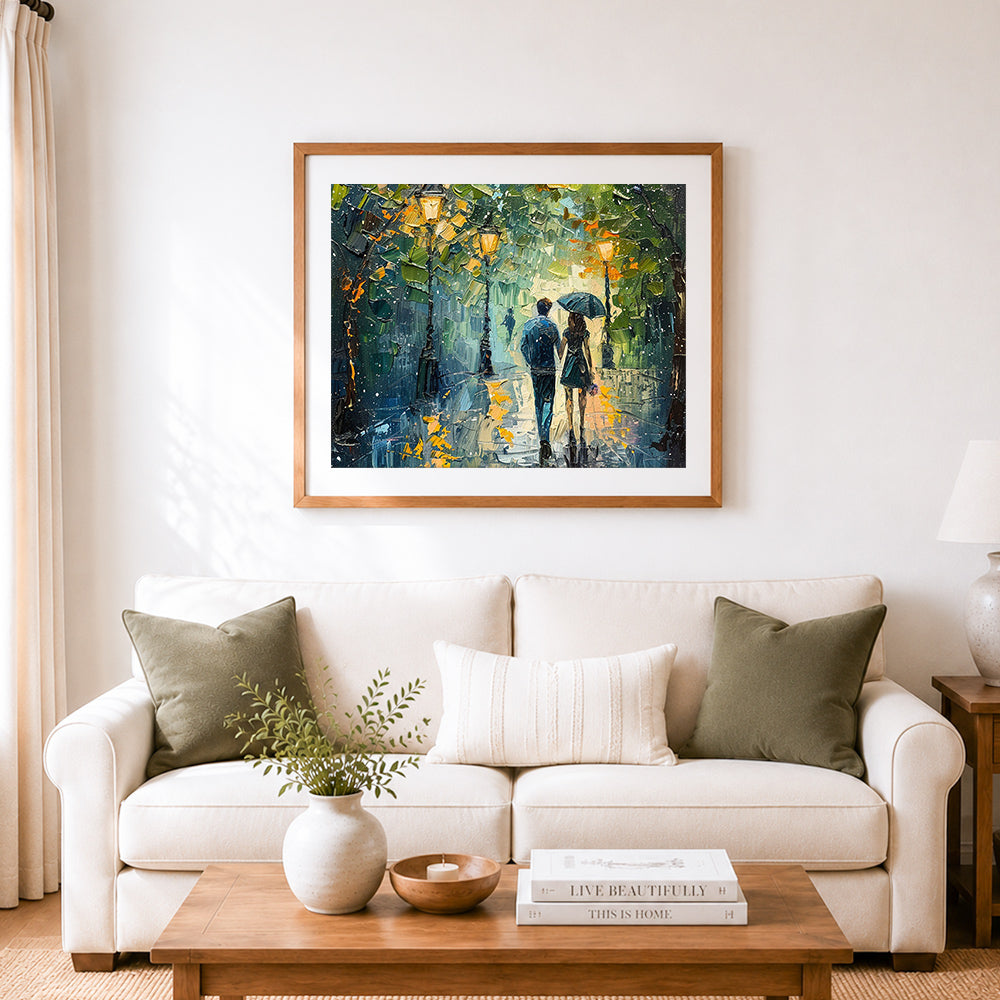 Finished romantic rainy stroll cross stitch artwork displayed as home decor