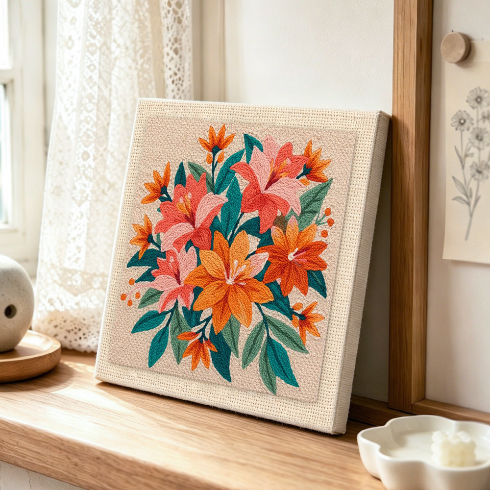 Romantic stargazer lilies punch needle artwork displayed on a table