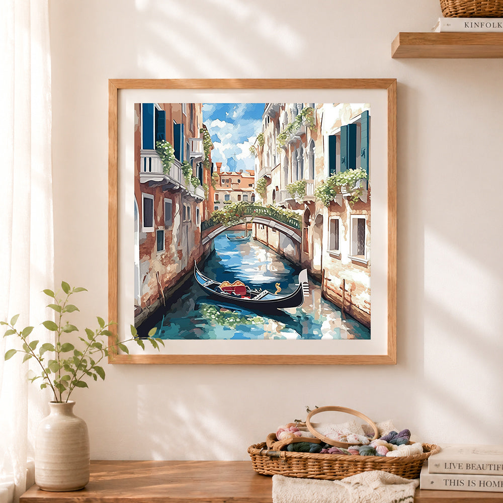Finished romantic venice canal with gondola cross stitch artwork displayed as home decor