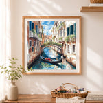 Finished romantic venice canal with gondola cross stitch artwork displayed as home decor
