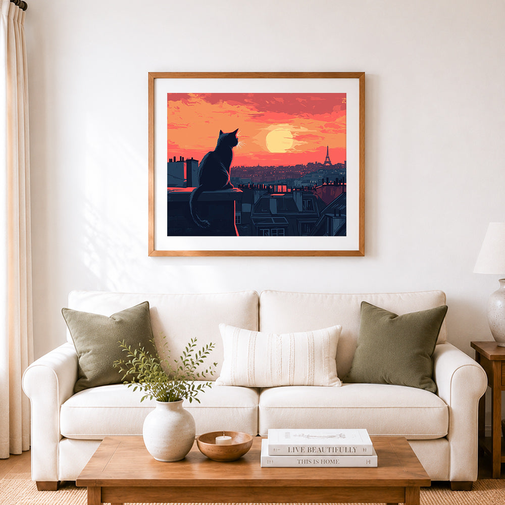 Finished rooftop cat at sunset cross stitch artwork displayed as home decor