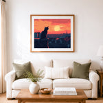 Finished rooftop cat at sunset cross stitch artwork displayed as home decor