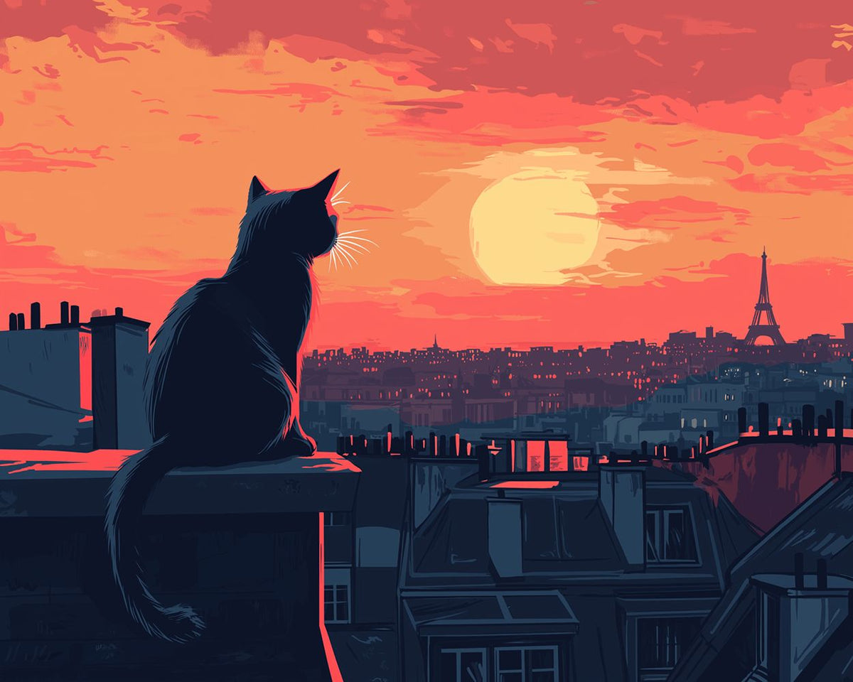 Rooftop cat at sunset cross stitch kit for beginners