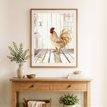 Finished rooster in farmhouse cross stitch artwork displayed as home decor
