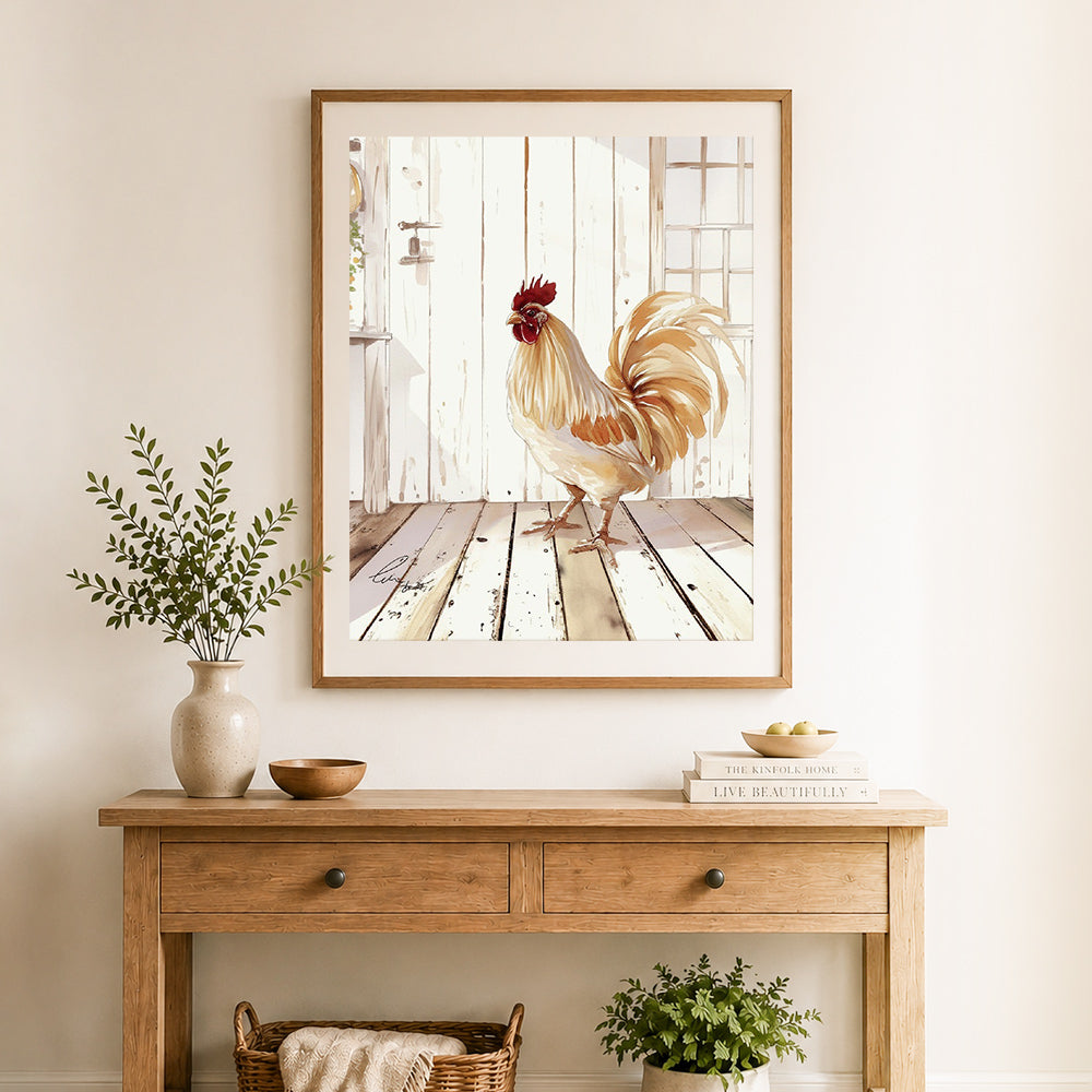 Finished rooster in farmhouse cross stitch artwork displayed as home decor