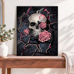 Finished rose adorned skull pearl diamond painting artwork displayed as home decor