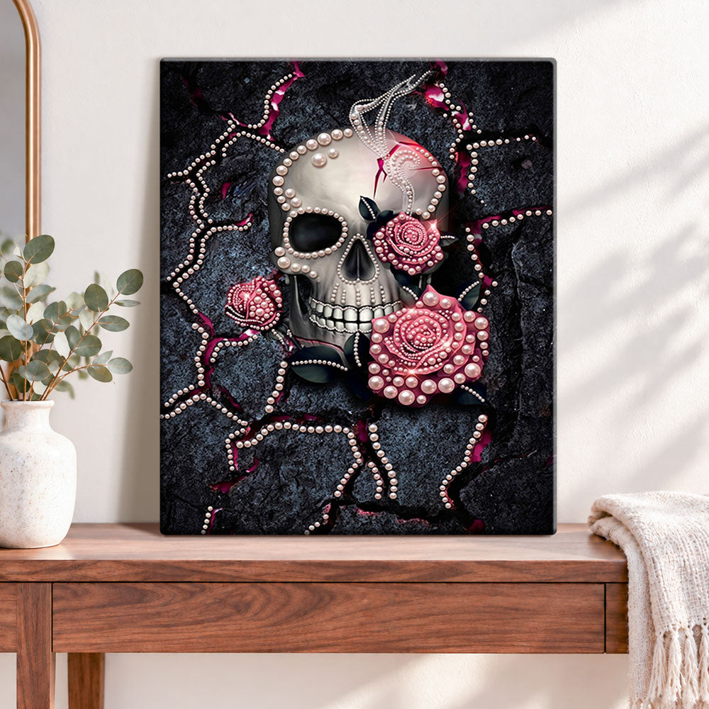 Finished rose adorned skull pearl diamond painting artwork displayed as home decor