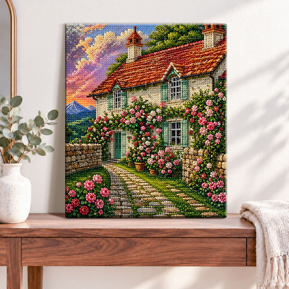 Finished rose covered country cottage pearl diamond painting artwork displayed as home decor