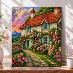 Rose covered country cottage pearl diamond painting kit for beginners