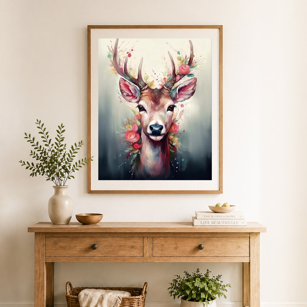 Finished rose crown watercolor deer cross stitch artwork displayed as home decor