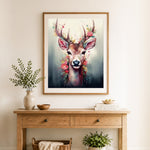 Finished rose crown watercolor deer cross stitch artwork displayed as home decor