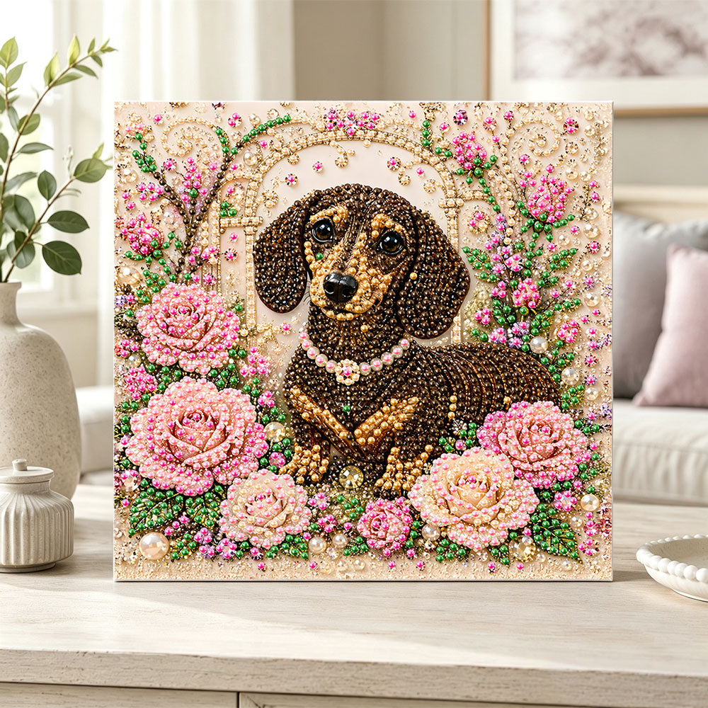 Finished rose garden dachshund pearl diamond painting artwork displayed as home decor