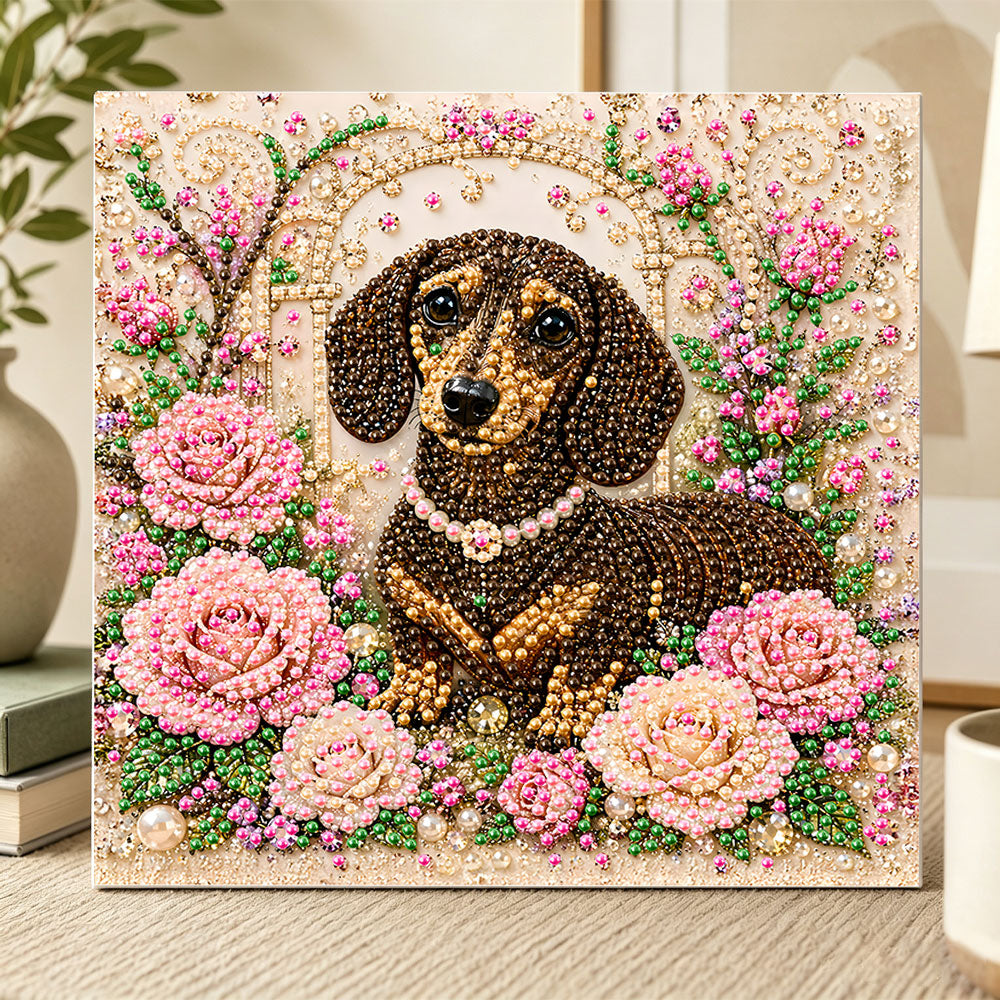 Rose garden dachshund pearl diamond painting kit for beginners