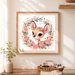 Finished rose garden fawn cross stitch artwork displayed as home decor