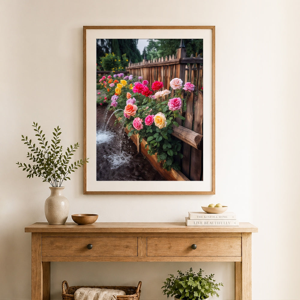 Finished rose garden with water sprinkler by wooden fence cross stitch artwork displayed as home decor