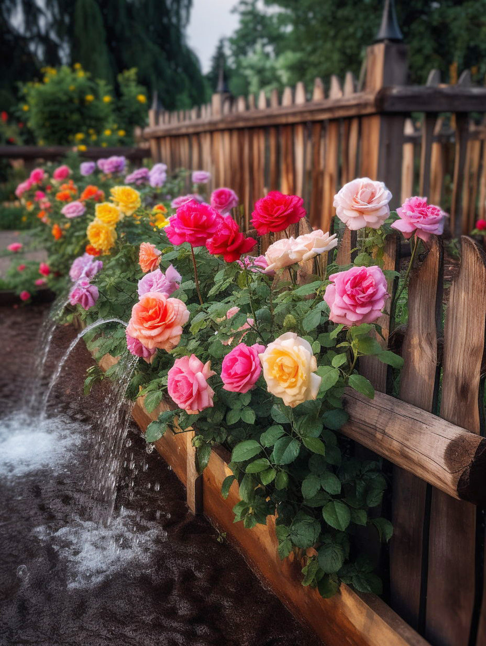Rose garden with water sprinkler by wooden fence cross stitch kit for beginners