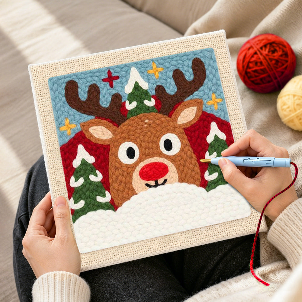 Creating handmade rudolph reindeer face punch needle artwork