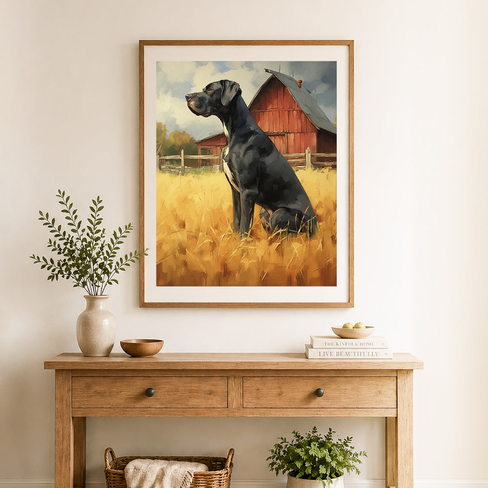 Finished rural guardian cross stitch artwork displayed as home decor