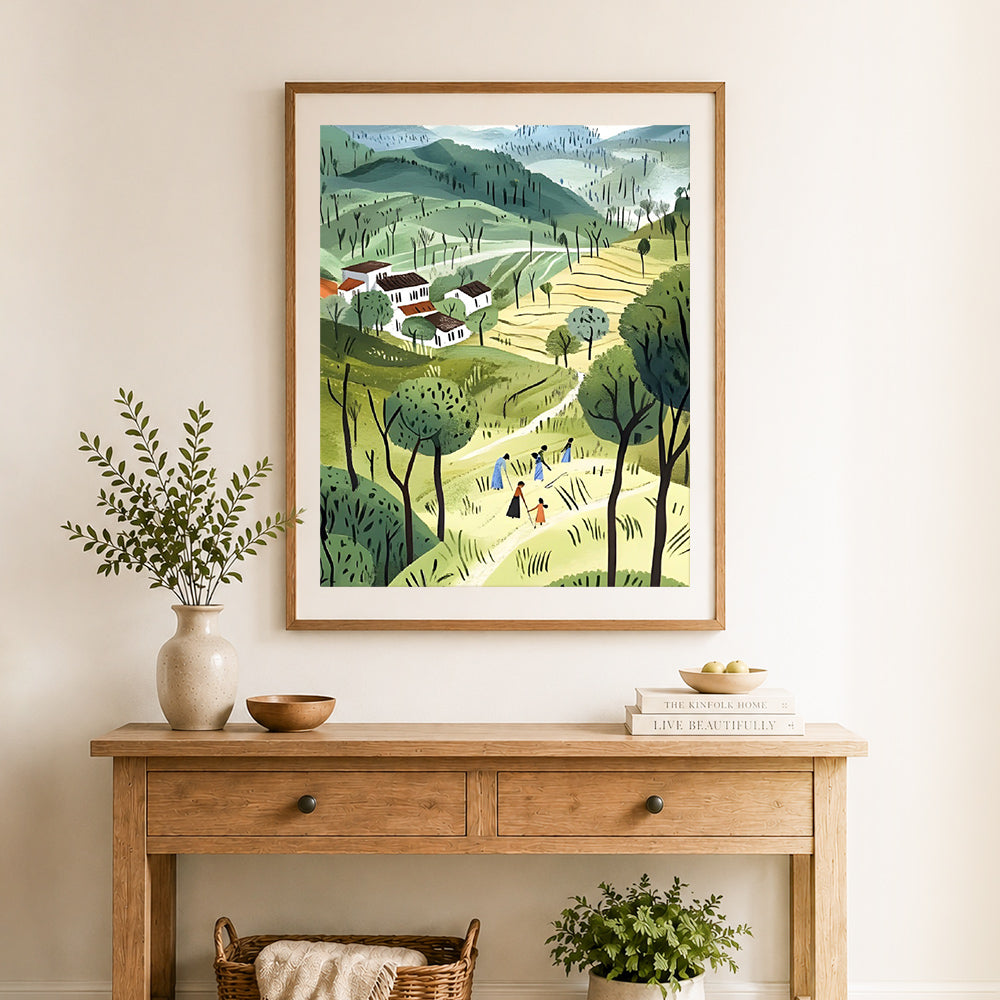 Finished rural hillside farmland cross stitch artwork displayed as home decor