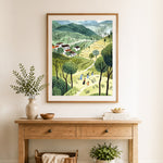 Finished rural hillside farmland cross stitch artwork displayed as home decor