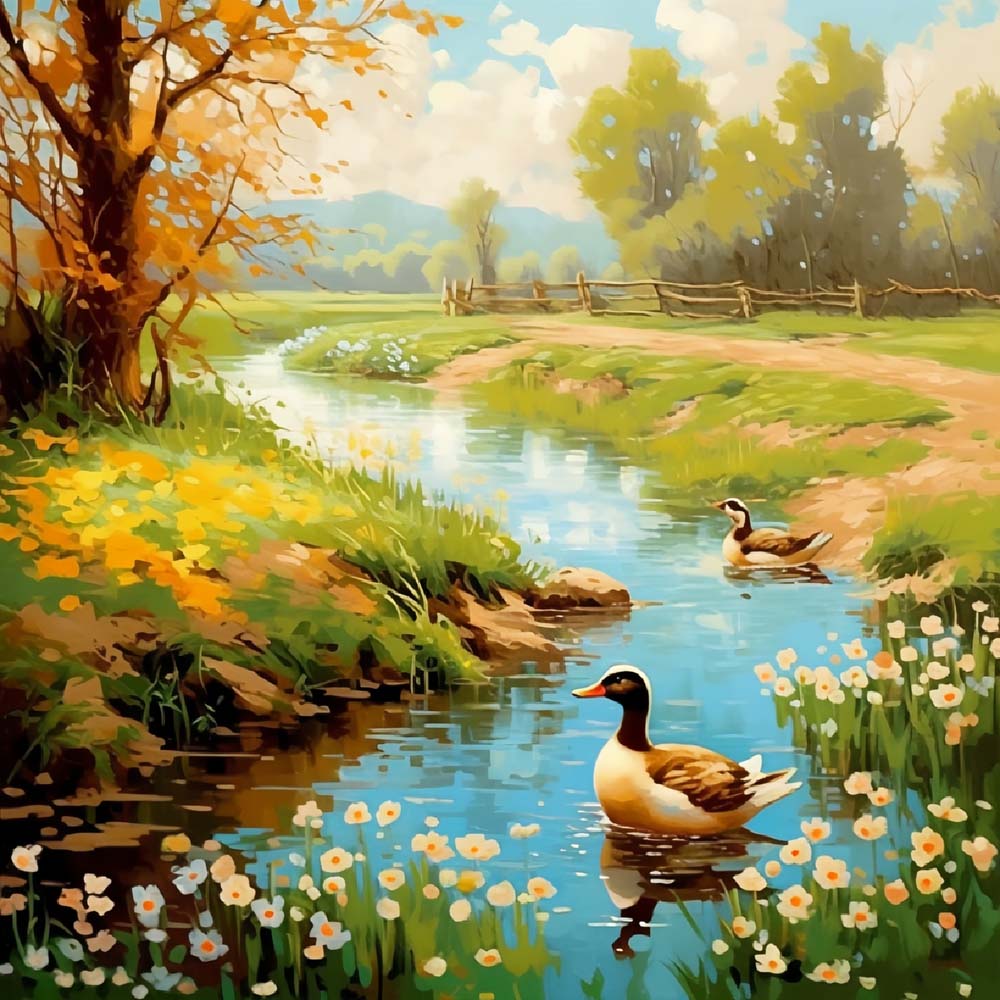 Rural stream and ducks cross stitch kit for beginners