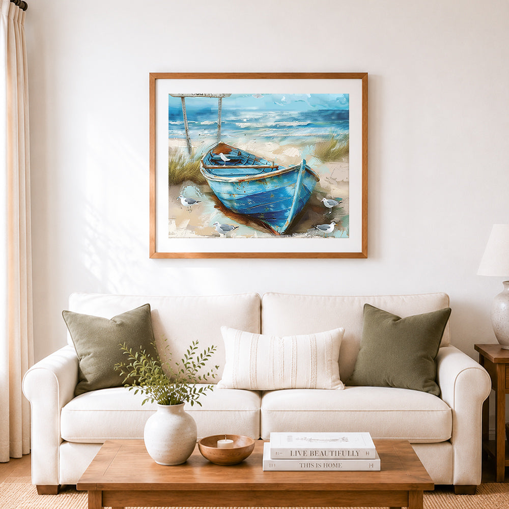 Finished rustic blue fishing boat with seagulls cross stitch artwork displayed as home decor