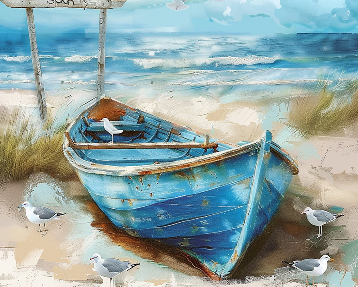 Rustic blue fishing boat with seagulls cross stitch kit for beginners