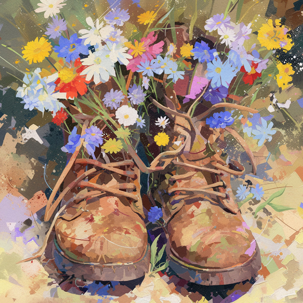 Rustic boots filled with wildflowers cross stitch kit for beginners