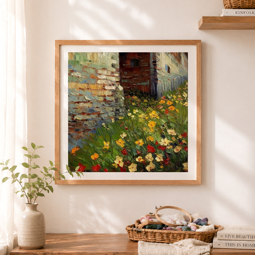 Finished rustic brick wall with wildflowers cross stitch artwork displayed as home decor