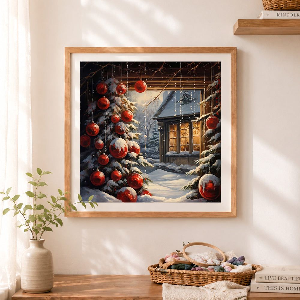 Finished rustic christmas scene cross stitch artwork displayed as home decor