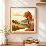Finished rustic fall landscape cross stitch artwork displayed as home decor