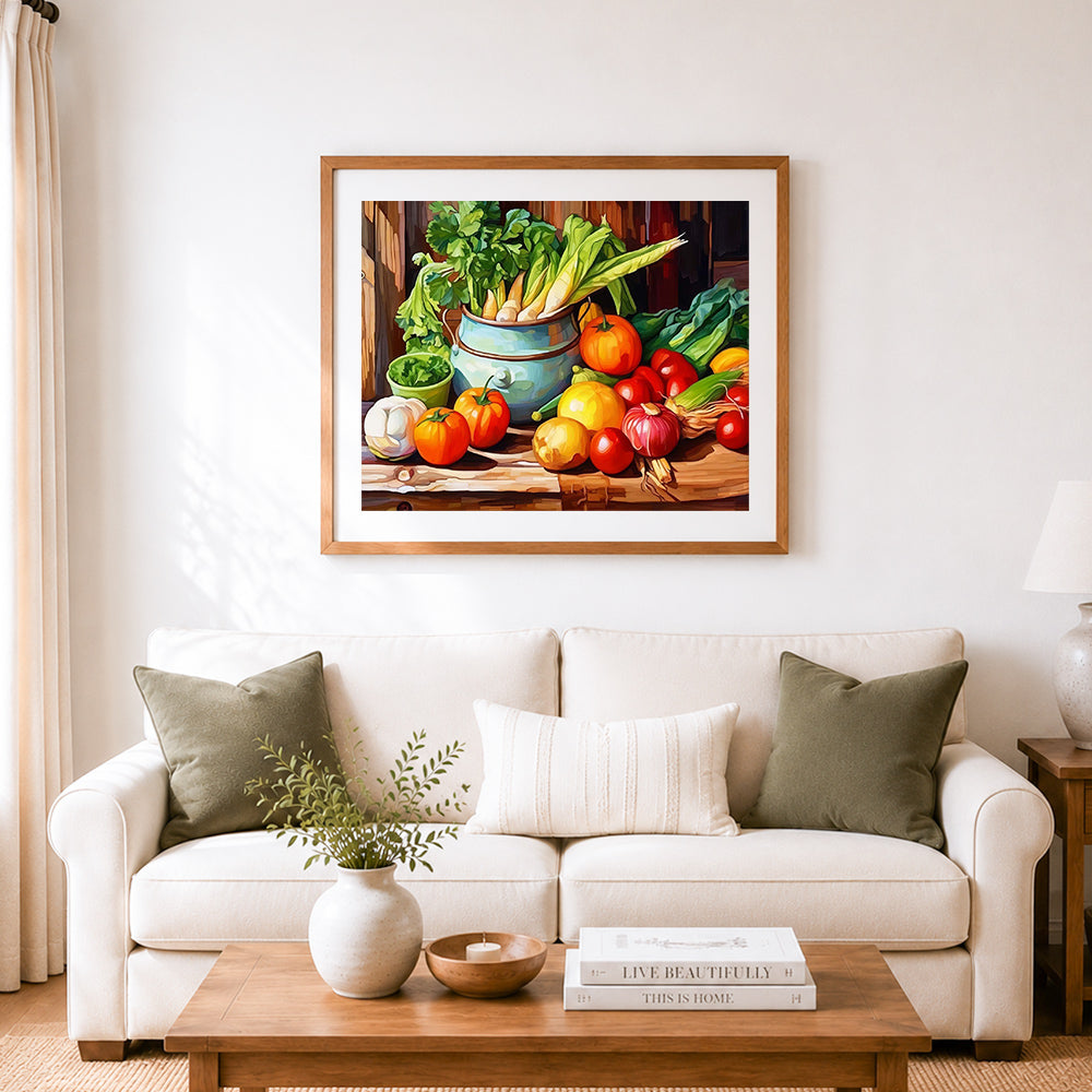 Finished rustic farm fresh veggies cross stitch artwork displayed as home decor