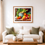 Finished rustic farm fresh veggies cross stitch artwork displayed as home decor