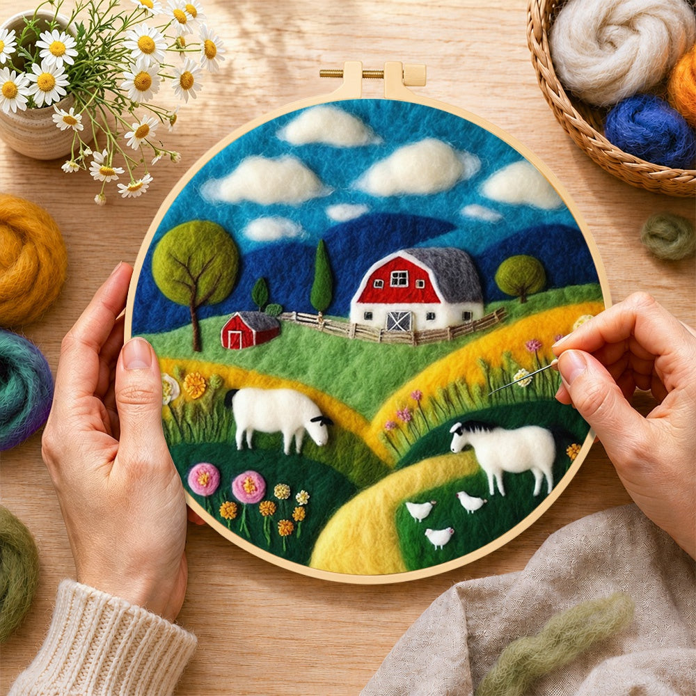 Creating the rustic farmhouse and goats wool painting by hand with a felting needle