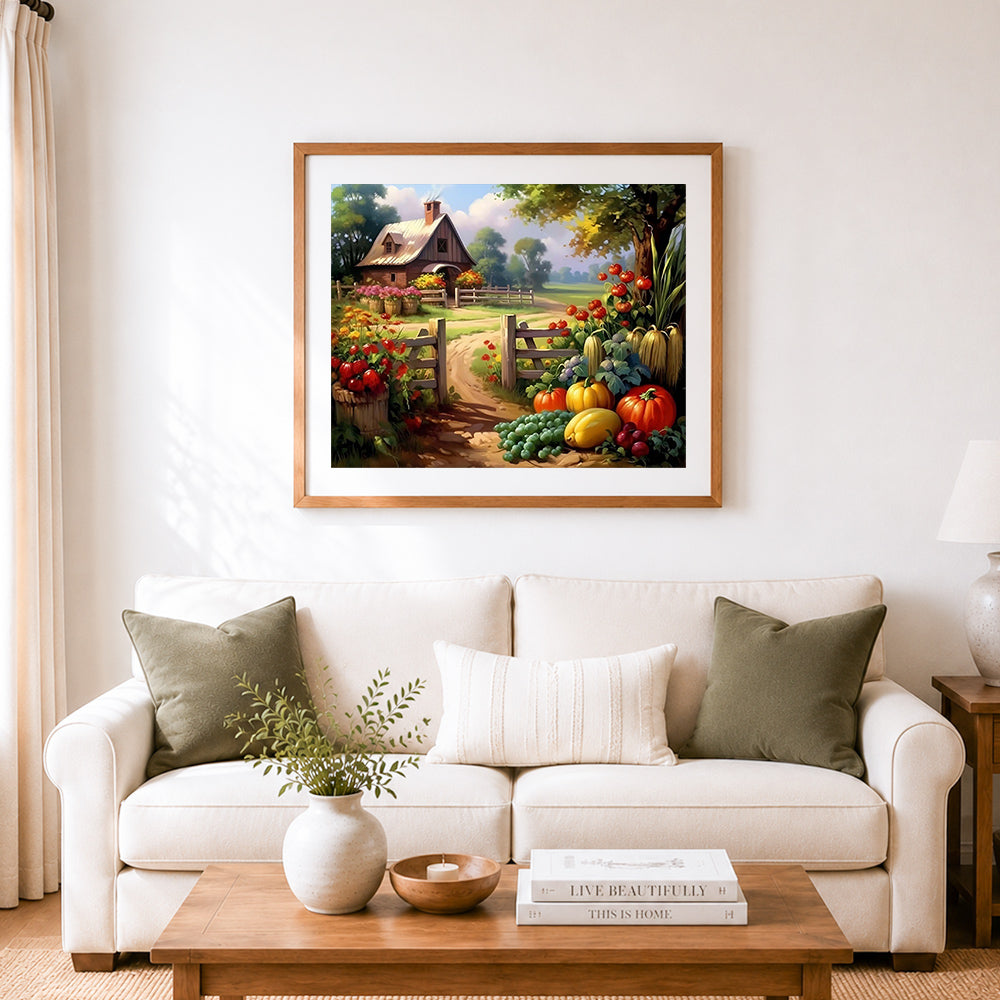 Finished rustic farmhouse autumn view cross stitch artwork displayed as home decor