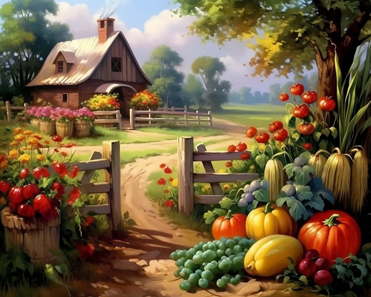 Rustic farmhouse autumn view cross stitch kit for beginners