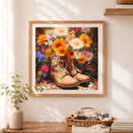 Finished rustic leather boots filled with wildflowers cross stitch artwork displayed as home decor