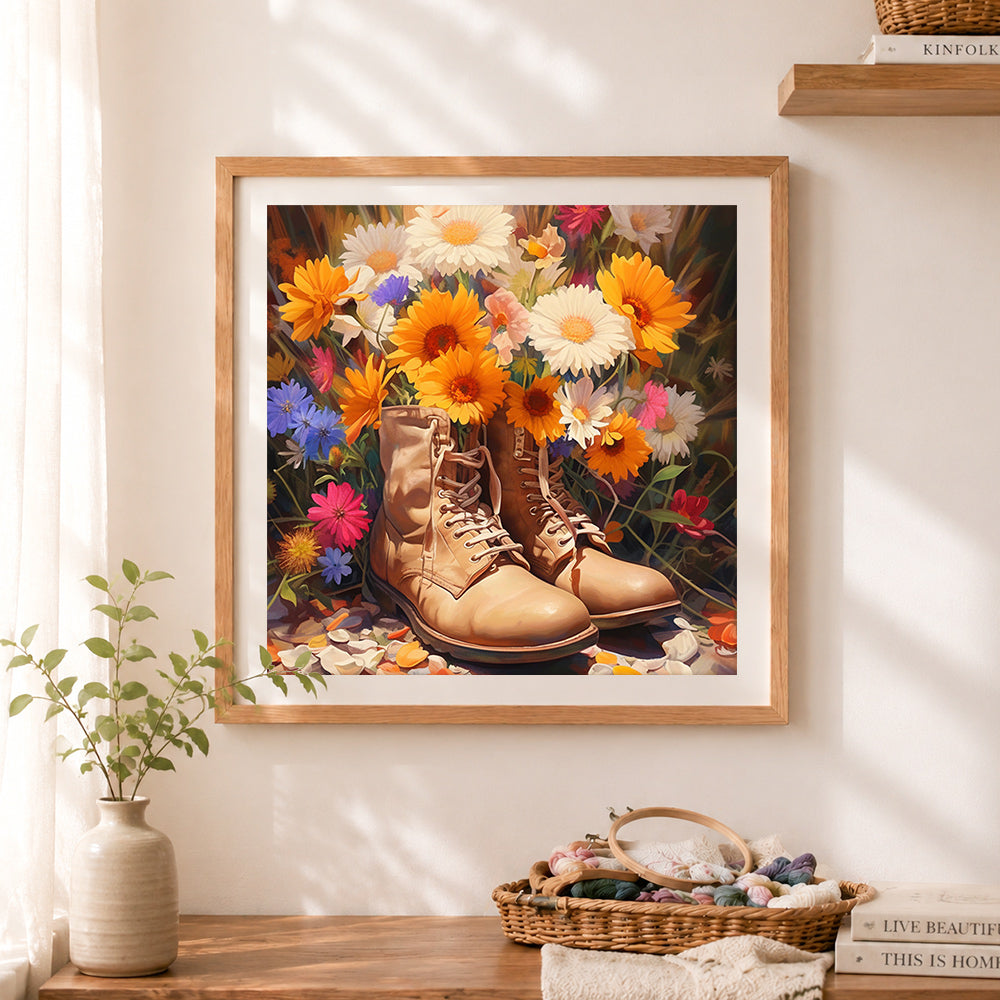 Finished rustic leather boots filled with wildflowers cross stitch artwork displayed as home decor