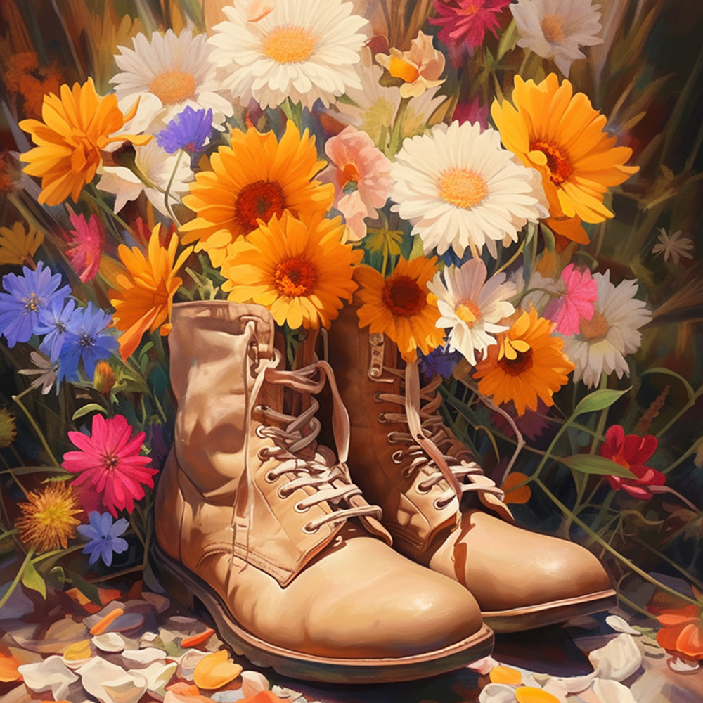 Rustic leather boots filled with wildflowers cross stitch kit for beginners