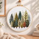 Rustic pine tree grove embroidery hoop wall art displayed as warm and cozy handmade home decor
