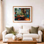 Finished rustic plant‑filled dining space cross stitch artwork displayed as home decor